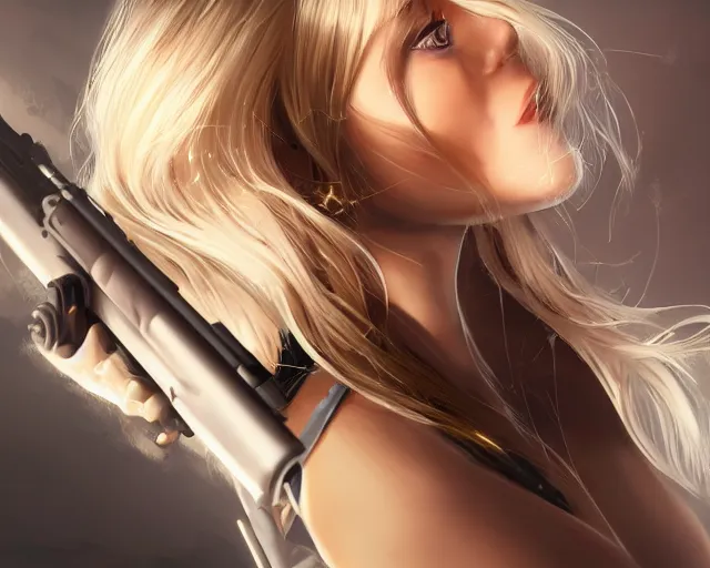 Image similar to closeup of beautiful blonde female sniper aiming at target, award winning sniper photography, extremely detailed, artstation, 8 k, sensual lighting, incredible art, wlop, artgerm, backlit, rim lighting, hi - fructose, cellshading, intricate lineart