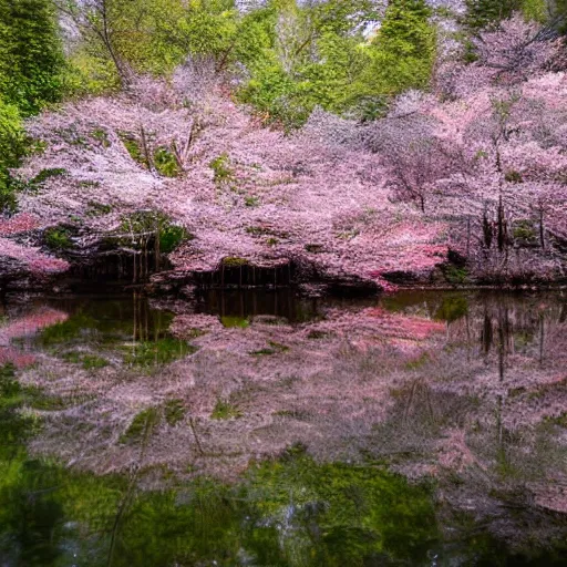 Prompt: forest cabin realistic photography 1 5 0 mpx wide angle lake deer cherry blossom