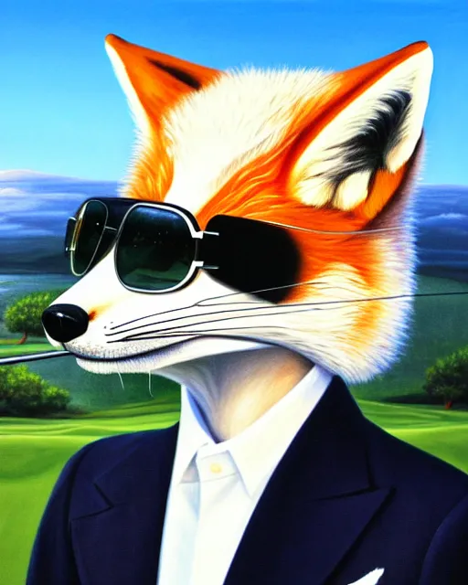 Prompt: close up painting portrait of anthropomorphic fox animal wearing a white suit, white cowboy hat, and reflective sunglasses, fox animal, highly detailed, global illumination, golf course in background, reflective aviator sunglasses, painting,