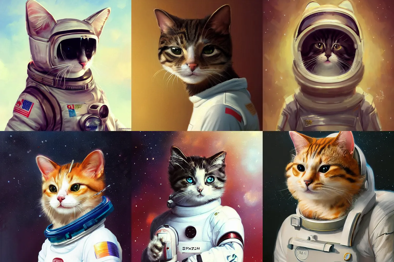 Image similar to head and shoulders masterpiece portrait of a cute adorable cat wearing a spacesuit, surreal background, digital art by Krenz Cushart, trending on artstation, cgsociety,