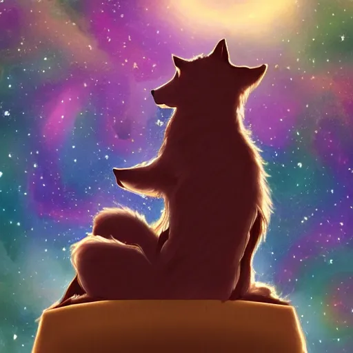 Prompt: a wolf like a human sitting on the chair in a galaxy, digital art, Marvel Comics, trending on ArtStation, detalied, high quality