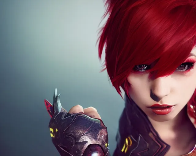 Image similar to a girl with short red hair, cool, vi from arcane, league of legends, fighter, cool red jacket, tattoo, beautiful, 3 d, potrait, art staion, studio light, closeup shot, octane render, wlop