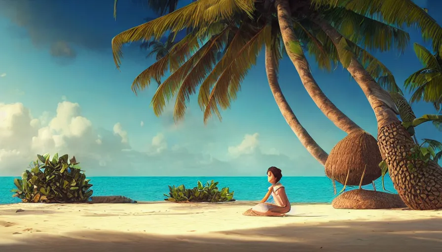 Image similar to very very small lakshadweep island, sitting on a gigantic coconut tree leaf by ilya kuvshinov, rtx rendering, octane render 1 2 8 k, maya, extreme high intricate details by tom bagshaw, medium shot, close up shot, composition by sana takeda, lighting by greg rutkowski