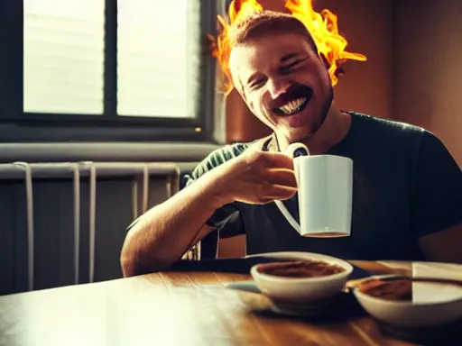 Image similar to a happy man sitting at a table and taking a sip of coffee while his house burns around him