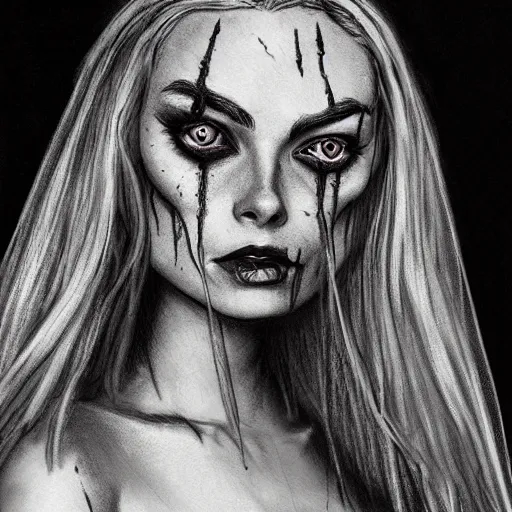 Image similar to michael karcz grunge drawing of margot robbie. , in the style of corpse bride, loony toons style, horror themed, detailed, elegant, intricate, trending on artstation, 4k