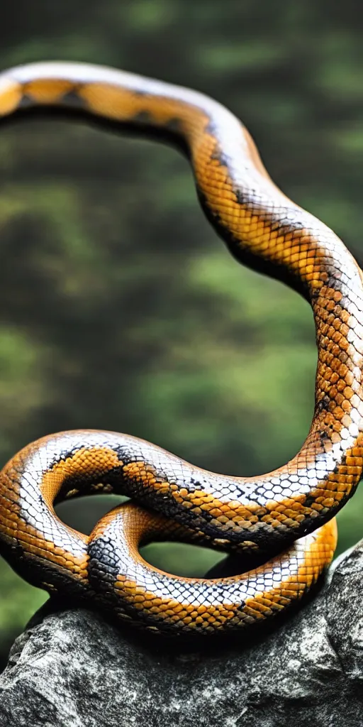 Image similar to real picture of a living ouroboro, infinity snake, eating it's own tail, on a dark rock background