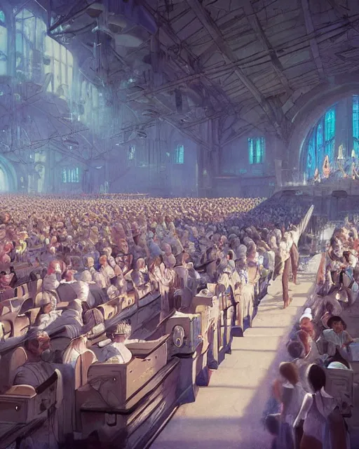 Image similar to craig mullins and ghibli digital illustration of a crowd in a futuristic church, priest, pews, ethereal, inviting, bright, unreal engine, hyper realism, realistic shading, cinematic composition, realistic render, octane render, detailed textures, photorealistic, wide shot