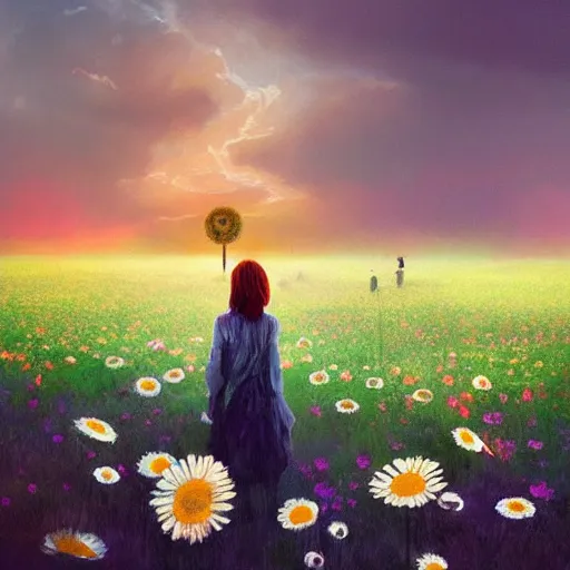 Image similar to giant daisy flower as a head, girl walking in flower field, surreal photography, sunrise, dramatic light, impressionist painting, colorful clouds, digital painting, artstation, simon stalenhag