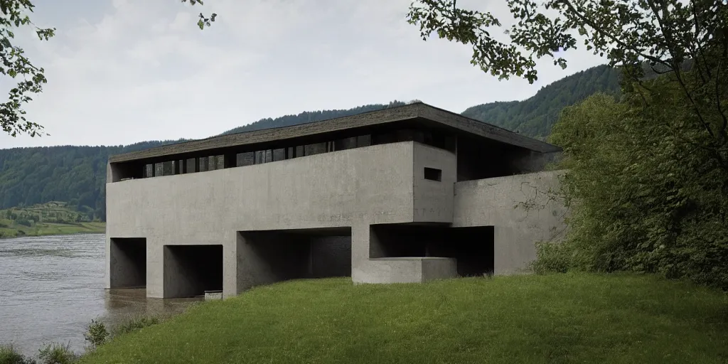 Image similar to a house by the river rhein close to mumpf designed by peter zumthor