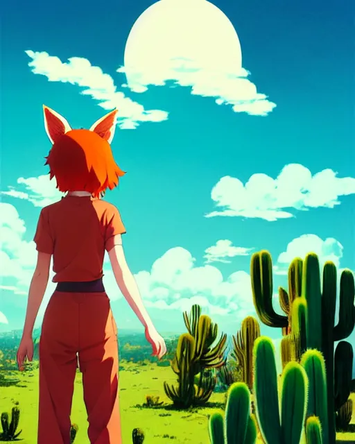 Image similar to portrait of cute redhead foxgirl in orange jumpsuit with fox ears by ilya kuvshinov, holding a cactus, cloudy sky background lush landscape illustration concept art anime key visual trending pixiv fanbox by wlop and greg rutkowski and makoto shinkai and studio ghibli