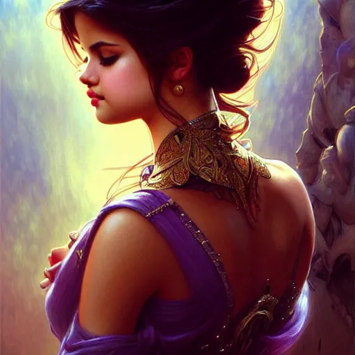 Image similar to selena gomez, beauty expressive pose, fantasy, intricate, elegant, highly detailed, digital painting, artstation, concept art, smooth, sharp focus, illustration, art by artgerm and greg rutkowski and alphonse mucha