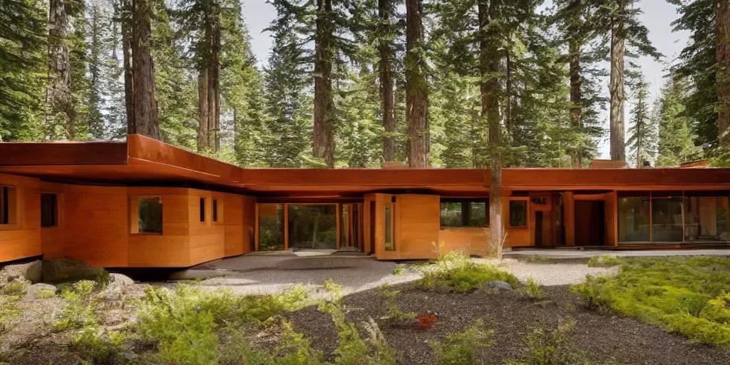 Image similar to very large modern lodge residence, pacific northwest, concrete and cedar, many large windows, designed by frank lloyd wright