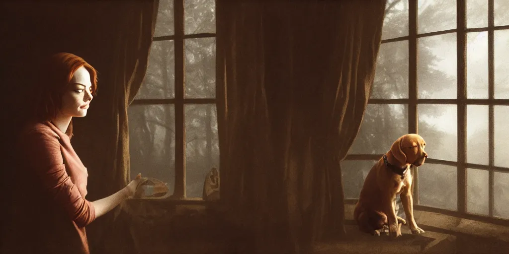 Image similar to portrait bust of emma stone petting a dog, solemn expression, faded color film, russian cinema, tarkovsky, kodachrome, old cabin, next to window, heavy forest outside, long brown hair, old clothing, heavy fog, hudson river school, 4 k, dramatic lighting, greg rutkowski