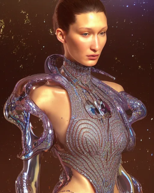 Image similar to a highly detailed metahuman 8 k close up render of bella hadid evangelion renaissance in iris van herpen dress schiaparelli in diamonds crystals swarovski and jewelry iridescent in style of alphonse mucha gustav klimt trending on artstation made in unreal engine 4