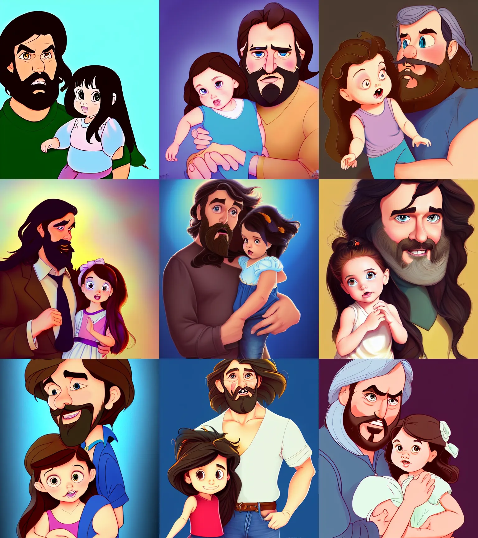 Image similar to a long - haired bearded father and his brunette child toddler girl full color digital illustration in the style of don bluth, artgerm, artstation trending, 4 k
