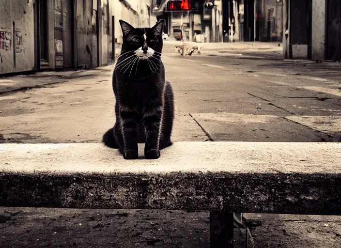 Image similar to photography of a Cat sitting on a box. in a cyberpunk street, award winning photo, colors, 100mm, sharp, high res