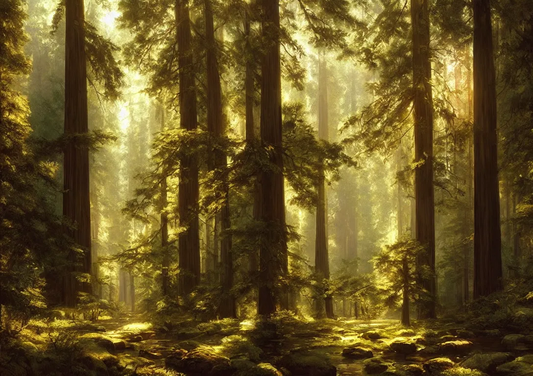 Prompt: a peaceful sanctuary in a beautiful california redwood forest, light streams through the trees, art by albert bierstadt and greg rutkowski, hyperrealism