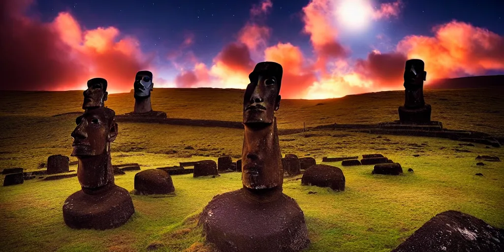 Image similar to amazing landscape photo of astronaut in easter island at dawn by Marc Adamus beautiful dramatic lighting