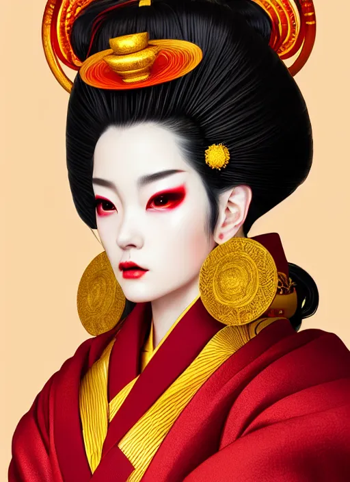 Image similar to dreamlike luxury stunning oiran portrait, red and gold kimono, art by artgerm, wlop, loish, ilya kuvshinov, 8 k realistic, hyperdetailed, beautiful lighting, detailed background, depth of field, symmetrical face, frostbite 3 engine, cryengine,