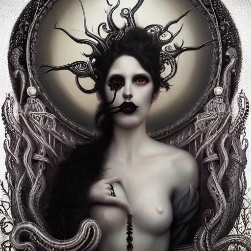 Prompt: By Tom Bagshaw, ultra realist soft painting of a curiosities carnival ornaments spikes and tentacles by night, very beautiful female dollpunk in full gothic dress and black eyes, symmetry accurate features, very intricate details, omnious sky, black and white, volumetric light clouds