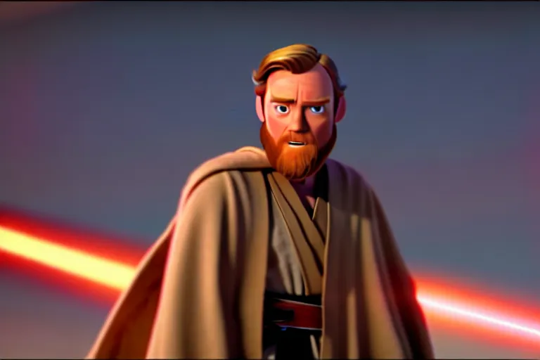 Image similar to obi wan kenobi, screenshot in a typical pixar movie, josh black