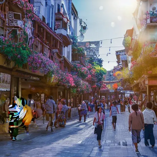 Image similar to photograph of sunny street with people walking, street has many shops and bulls, fantasy, by studio ghibli, dramatic light