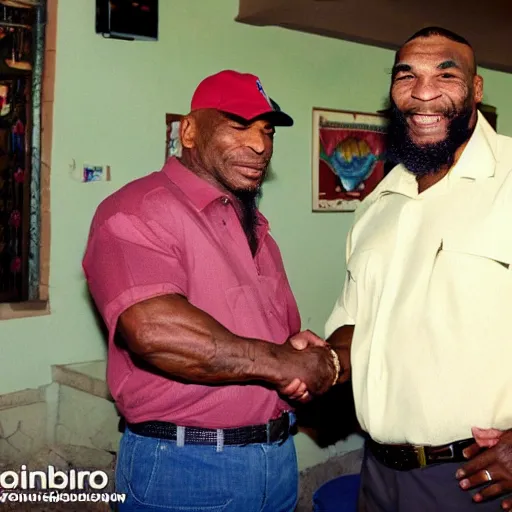 Prompt: cinematic shot of mike tyson and fidel castro shaking hands in a cuban resort, 8 k, very detailed, very intricate, detailed faces,