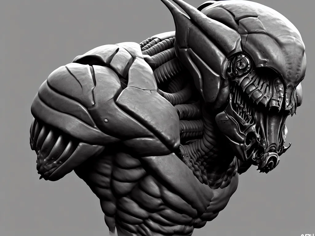 Image similar to game concept art, muscular, exoskeleton, chiroptera head, isopod, hyperrealism, fine detail, artstation, cgsociety, zbrush, no background