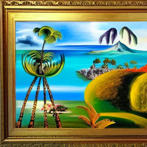 Prompt: a framed painting of a beautiful salvador dali tropical landscape