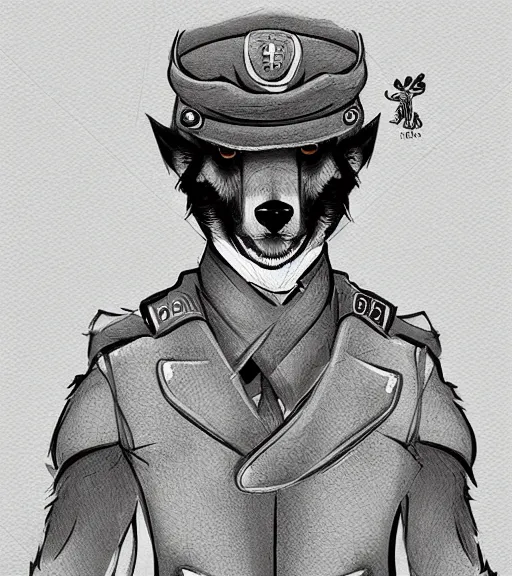 Image similar to expressive stylized master furry artist digital line art painting full body portrait character study of the anthro male anthropomorphic german shepard fursona animal person wearing clothes military general uniform