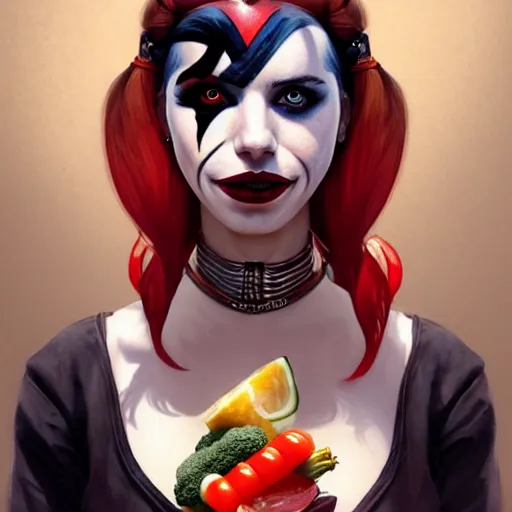 Image similar to Emma Roberts as Harley Quinn dressed with vegetables, western, D&D, fantasy, intricate, elegant, highly detailed, digital painting, artstation, concept art, matte, sharp focus, illustration, art by Artgerm and Greg Rutkowski and Alphonse Mucha