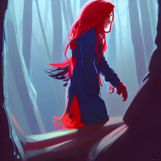 Image similar to madeline from celeste, blue bubble jacket red long hair, highly detailed, digital painting, artstation, concept art, sharp focus, illustration, art by greg rutkowski and alphonse mucha