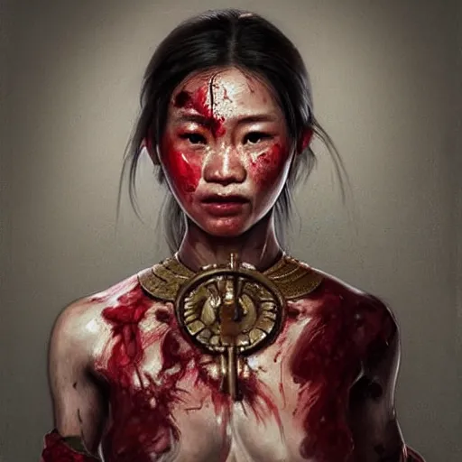 Prompt: portrait painting of a bloodied thai female butcher, ultra realistic, concept art, intricate details, eerie, highly detailed, photorealistic, octane render, 8 k, unreal engine. art by artgerm and greg rutkowski and alphonse mucha