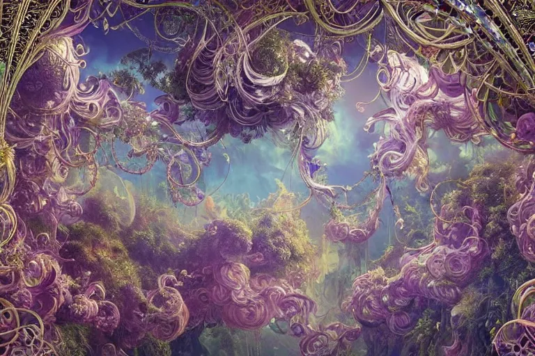 Image similar to a huge flock of many ornate intricate puffy filigreed clouds tangled into large whirling ultra detailed crystal specimens, art nouveau jungle environment, playful, award winning art, epic dreamlike fantasy landscape, ultra realistic,