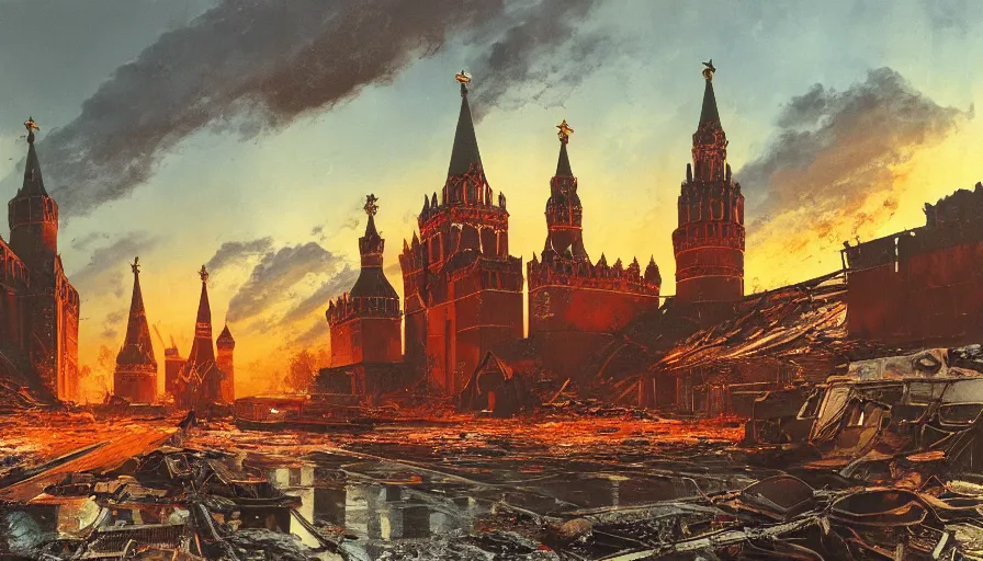 Image similar to A detailed render of a post apocalyptic scene of Kremlin in Moscow ruined and devastated by fires, burned down rusty Moscow buses in flood water, sci-fi concept art, by Syd Mead, highly detailed, oil on canvas