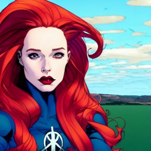 Prompt: Rafeal Albuquerque comic art, Joshua Middleton comic art, pretty female Madelaine Petsch Rogue x-men marvel taking a selfie, big smirk, symmetrical face, symmetrical eyes, long red hair white streak hair, full body, flying in the air:: battlefield background::5 sunny weather::