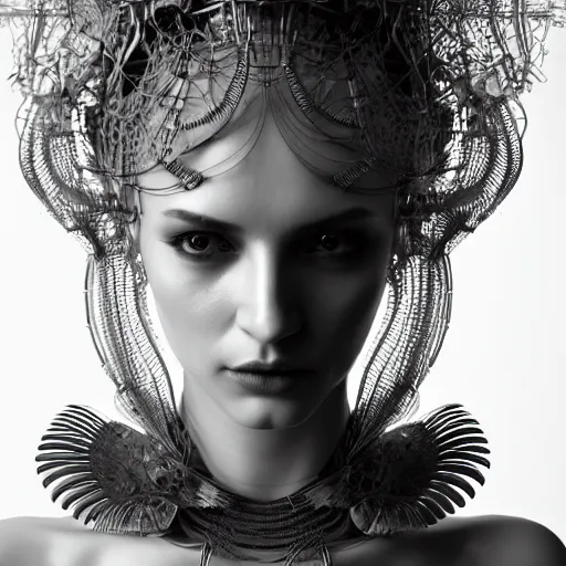 Image similar to closeup portrait of an absurdly beautiful, graceful, sophisticated, fashionable cyberpunk mechanoid gravure idol, an ultrafine hyperdetailed illustration by irakli nadar, matt wisniewski style, fashion photography, intricate linework, porcelain skin, jellyfish headdress, fractal ivory carved ruff, unreal engine 5 highly rendered, global illumination, radiant light, detailed and intricate environment