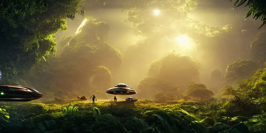 Image similar to a futuristic rusty old alien spaceship, next to it a smaller exploration ship on a landing pad, surrounded by a lush jungle, in the foreground two explorers are having a conversation and small animals are walking around, golden hour, sun beams, volumetric light, hyperdetailed, artstation, cgsociety, 8k