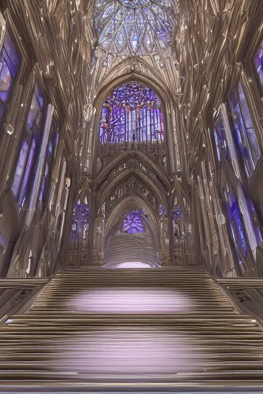 Image similar to a crystal and opal staircase in the cathedral of light, light sweep, glowing, stencil volume shadows, lighting rendered in unreal engine 5 and cinema 4 k