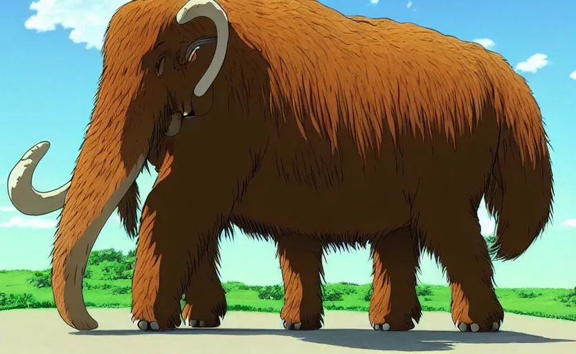 Image similar to a realistic cell - shaded studio ghibli concept art from paprika ( 2 0 0 6 ) of a giant wooly mammoth. very dull colors, wide shot, hd, 4 k, hq