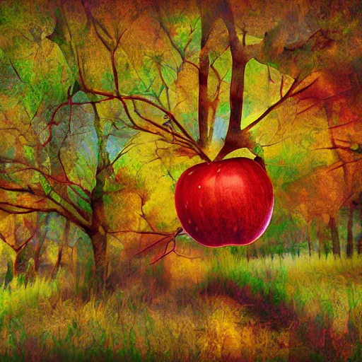 Prompt: Apples fall from autumn trees, digital art