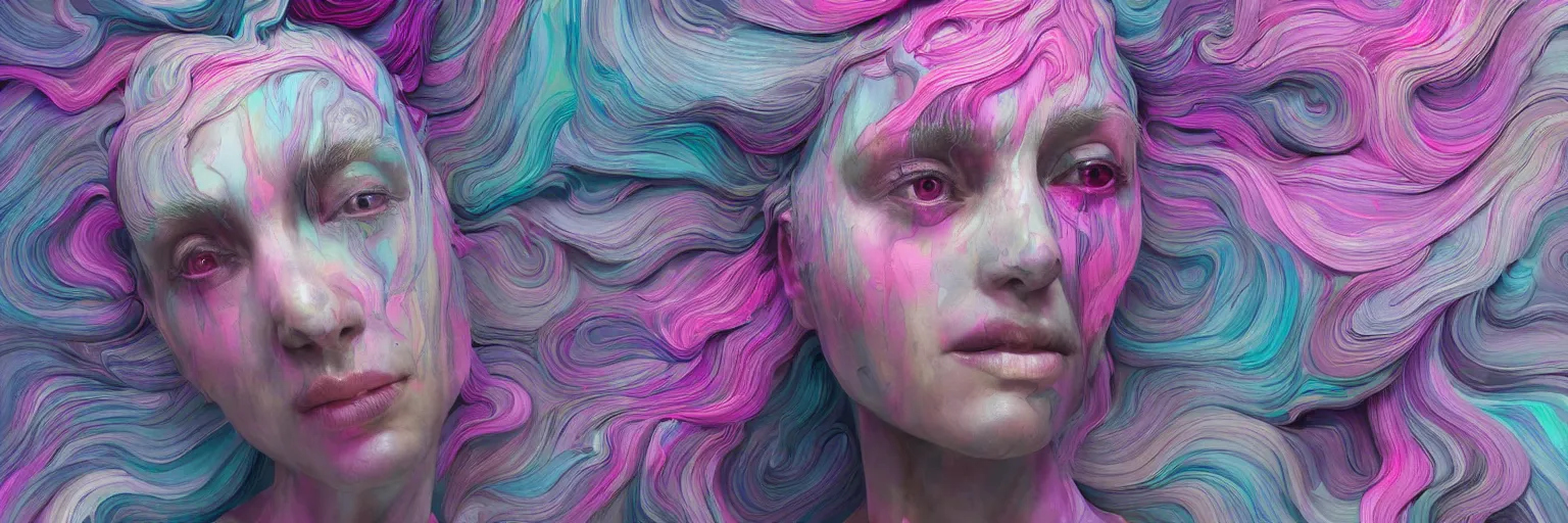 Image similar to A portrait of a very beautiful goddess with pink and grey hair radiating an artwork made of multicolored swirling paint and empasto by James Jean and WLOP , volumetric displacement by Lee Griggs, hyperrealism, subsurface scattering, octane render, 8k, xparticles