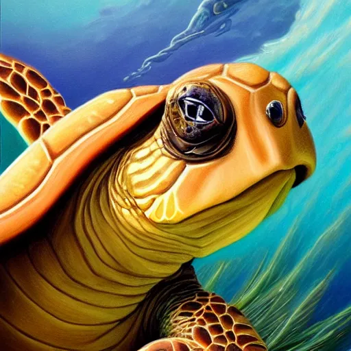 Image similar to a beautful visionary painting of a turtle swimming underwater, by gilbert williams, artstation