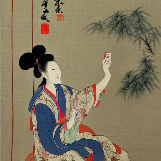 Prompt: the Chinese ancient painting of a lady using smartphone in Tang Dynasty , by Han Xizai