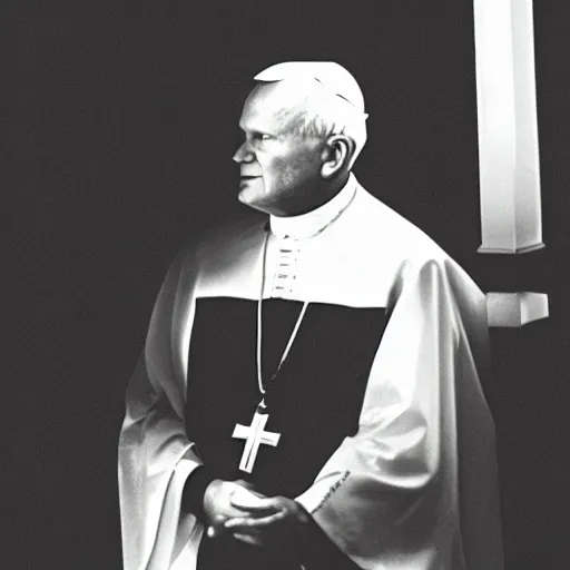 Prompt: photograph of john paul ii in black clothes staring at a big glowing christian cross, night, pitch black