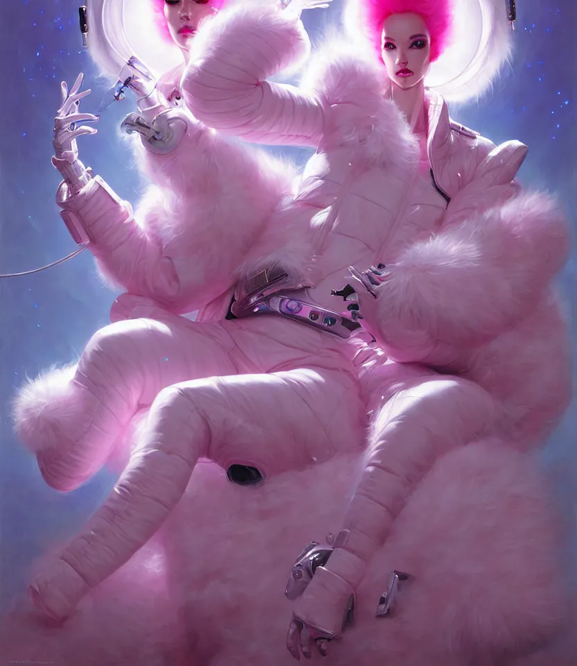 Image similar to beautiful fantasy character portrait, wearing pink puffy bomber jacket with white fur, seductive reclining pose, futuristic chrome drones, ultra realistic, dramatic lighting, robots, the fifth element artifacts, highly detailed by peter mohrbacher, hajime sorayama, wayne barlowe, boris vallejo, aaron horkey, gaston bussiere, craig mullins