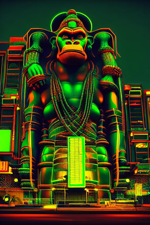 Image similar to high quality 3 d render hyperrealistic cyberpunk hanuman head building, neon yellow madhubani, highly detailed, in sci - fi mumbai, unreal engine cinematic smooth, liam wong, moody light, low angle, uhd 8 k, sharp focus