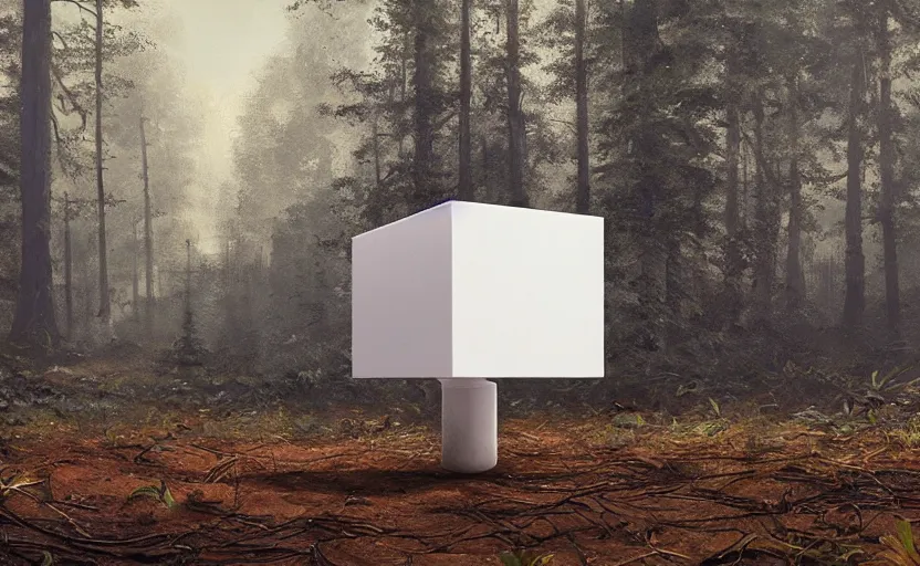 Image similar to one textured white metallic cube on the ground in the forest, realistic sci-fi painting by simon stålenhag, digital art, trending on artstation