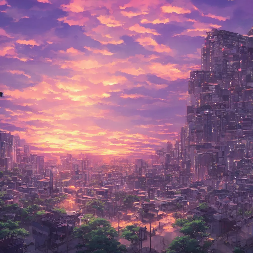 Prompt: beautiful anime sunset cityscape makoto shinkai