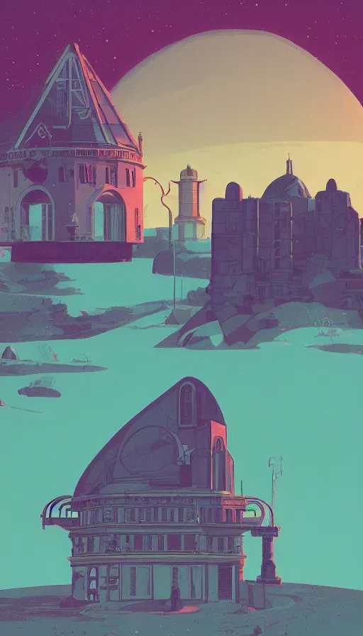 Image similar to magical observatory, sharp focus, james gilleard, moebius, print, risograph, cinematic, game art